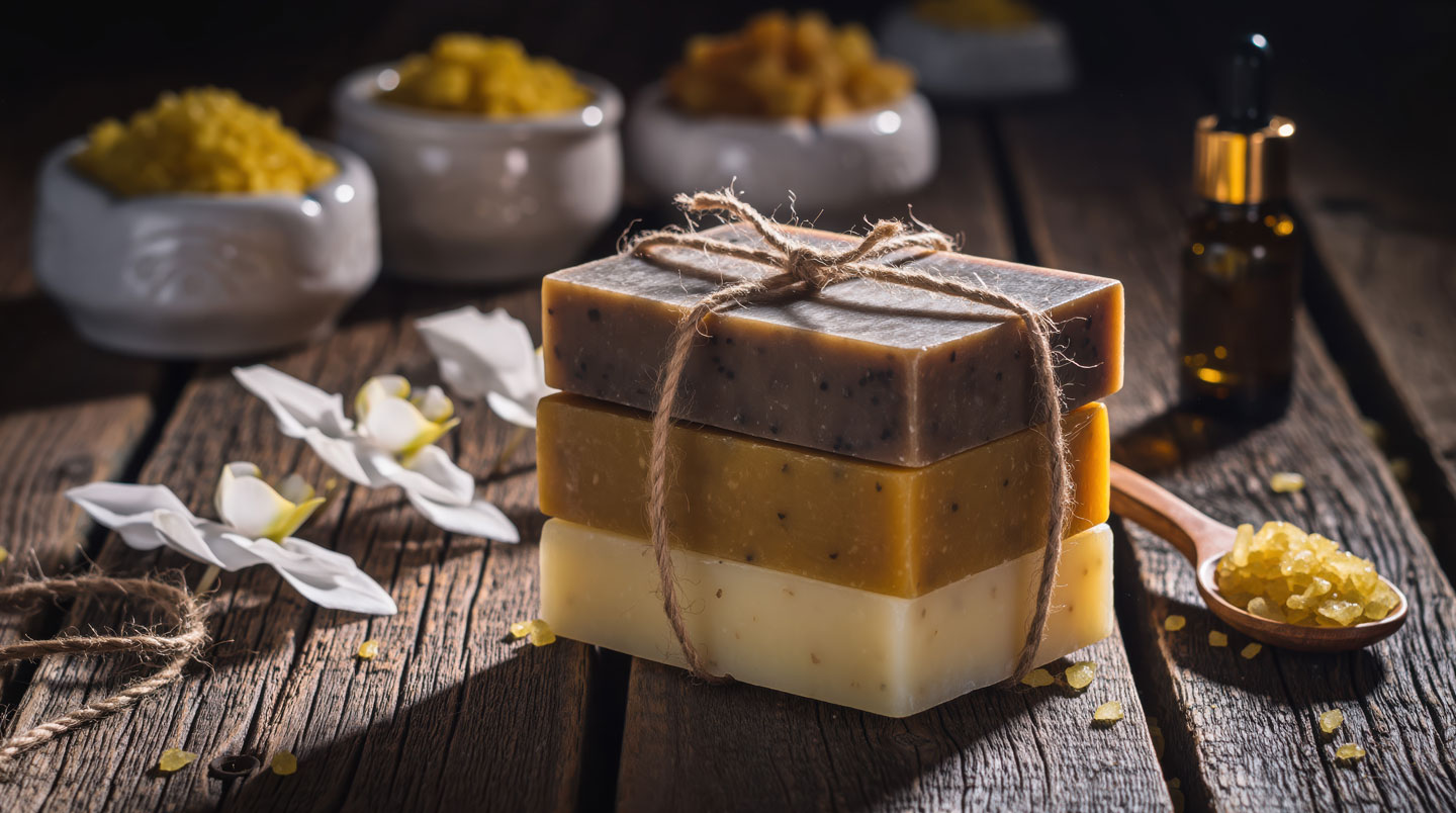 Gros plan extrême sur la surface d'un pain de savon surgras artisanal révélant sa texture lisse avec un arrière-plan naturellement flouté