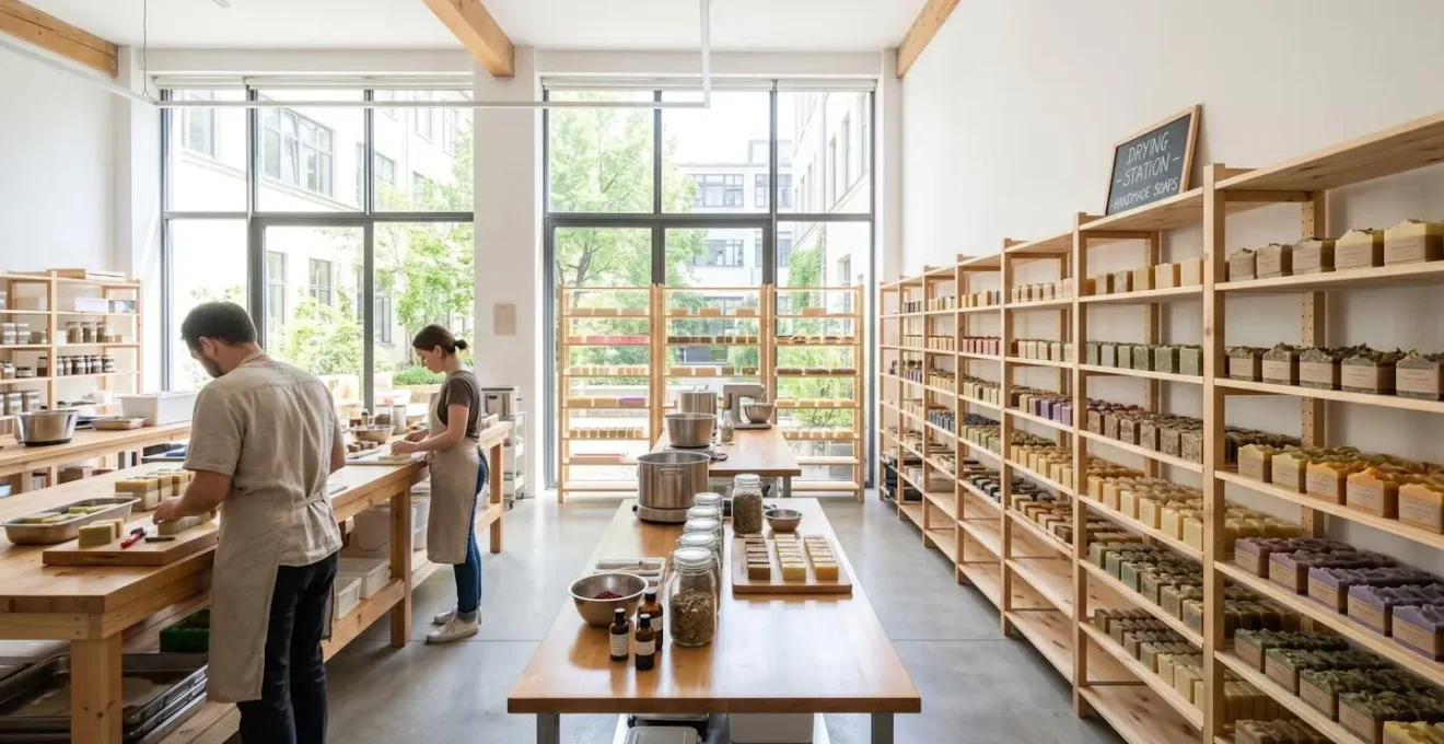 Vue grand angle d'un atelier de savonnerie artisanale contemporain avec des pains de savon disposés sur des étagères en bois pour séchage, baigné de lumière naturelle