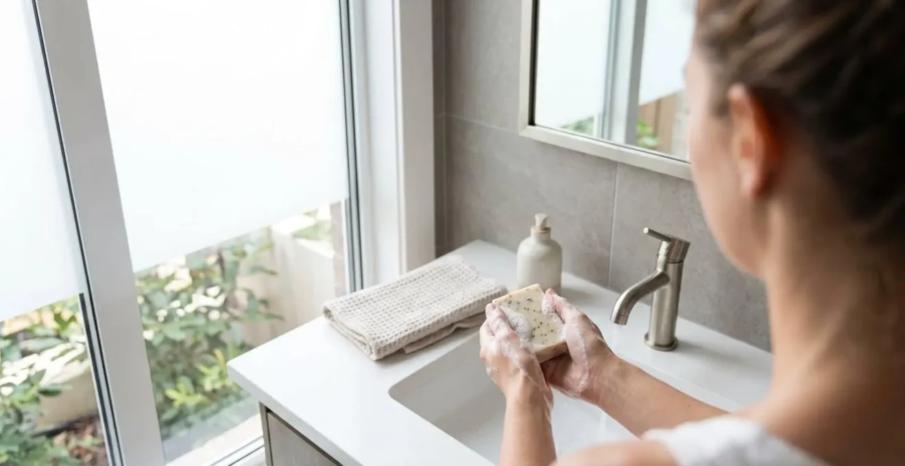 Une femme se lave les mains avec un pain de savon artisanal produisant une mousse délicate, vue de dos dans une salle de bain moderne lumineuse