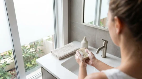 Une femme se lave les mains avec un pain de savon artisanal produisant une mousse délicate, vue de dos dans une salle de bain moderne lumineuse